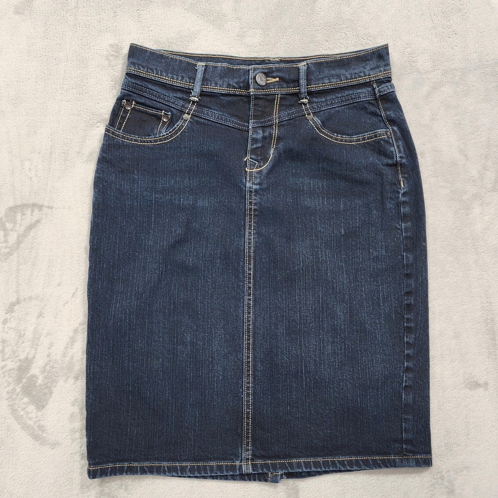 Vintage Old Navy Skirt Womens 2 Blue Denim Pencil Stretch Embroidered Pockets